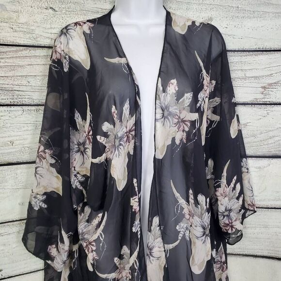 Adora Black Beige Floral Kimono Large Sheer Open Front Boho Duster USA - Picture 3 of 7